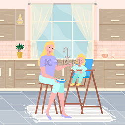 卡通喂养婴儿图片_母亲在厨房里坐在孩子们吃的椅子