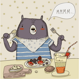卡通吃西瓜的孩童插图图片_可爱的卡通熊的食物