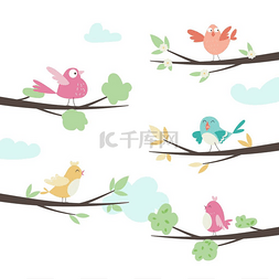 卡通树枝手绘图片_可爱的卡通鸟在不同的树枝上。矢
