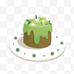 手绘蛋糕美食图片_白色圆盘花朵点缀的抹茶蛋糕