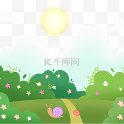 绿色草地蝴蝶和太阳春季花卉风景