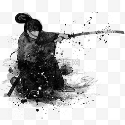 笔水画图片_日本武士蹲姿挥刀水墨风格