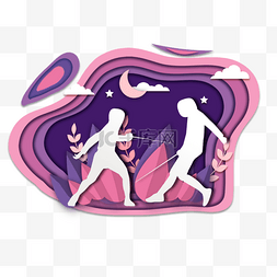 紫色双人击剑比赛剪影图