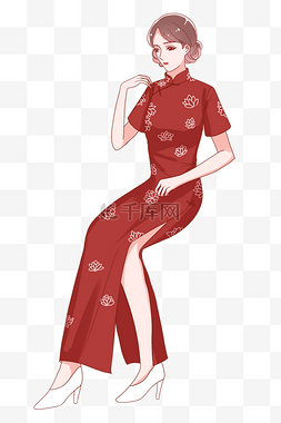 穿红旗袍优雅的女人