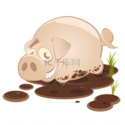 猪肉手绘卡通图片_可爱的卡通猪在泥浆中