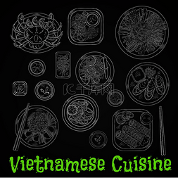 越南海鲜晚餐粉笔素描图标，包括
