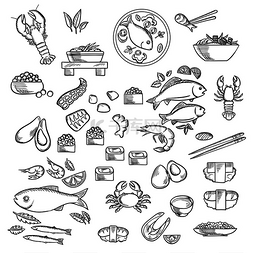 海鲜图标图片_海鲜和熟食店勾勒出寿司、鱼子酱