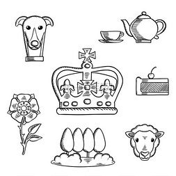 国家图标图片_英国传统物品和符号素描图标与纹