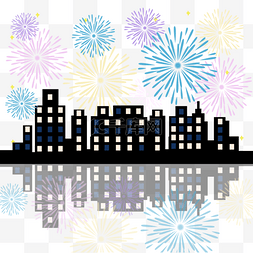欢呼新年图片_海平面上的城市新年烟花城市插画