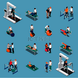 理疗康复图片_独立理疗康复等距人图标集与患者