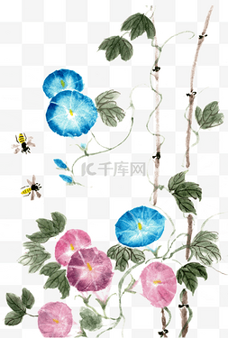 喇叭花与蜜蜂水墨