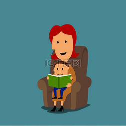 母子看书图片_家庭阅读或故事时间概念设计卡通