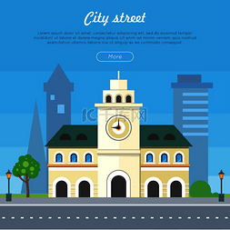 旅游景点矢量图片_城市街道横幅塔楼上有时钟的市政