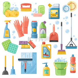 清洁用品工具平面图标集。
