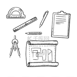 架构细分图片_建筑师绘图、圆规、铅笔、钢笔、