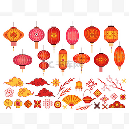中国新年元素。 亚洲灯笼、日本