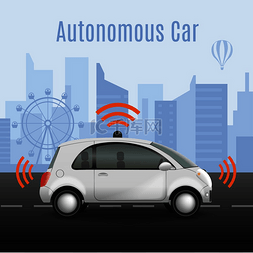 科技和创新图片_道路上的自主汽车与无线电波象形