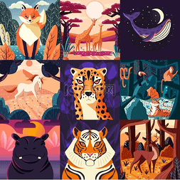 九月九大促图片_收集了九幅动物和自然手绘插图。