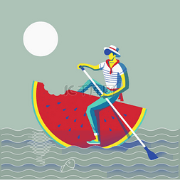 男子游泳坐在红色的西瓜