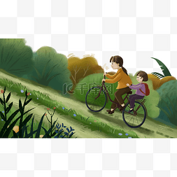 母亲节母亲骑自行车载孩子上学