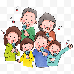 日本聚会时家人开心唱歌概念插画