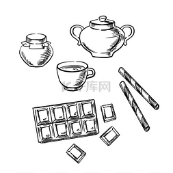 华夫格抹布图片_一杯咖啡或茶，配巧克力棒、蜂蜜