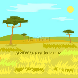 草地花卉图片_黄色的草地和树木空旷的田野和山