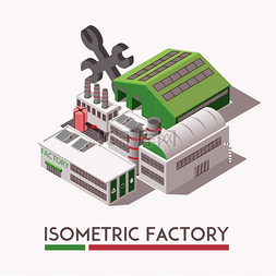 工厂图片_等轴测集灰色和绿色工厂工业等距