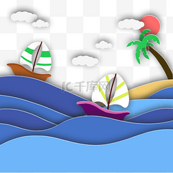 剪纸风格海洋帆船航行椰子树