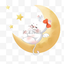 月亮卡通插画矢量图片_月亮上的猫儿童童话风格插画