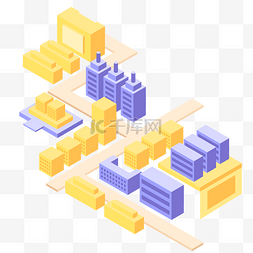 2.5D城市高楼大厦建筑黄色紫色