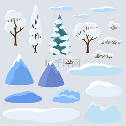 冬天的树木、山脉和丘陵。