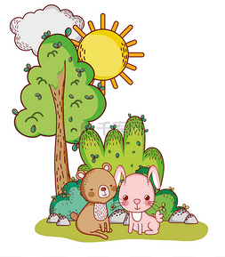 animals图片_cute animals, bear and rabbit tree sun cartoo