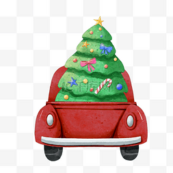 圣诞节汽车和圣诞树水彩