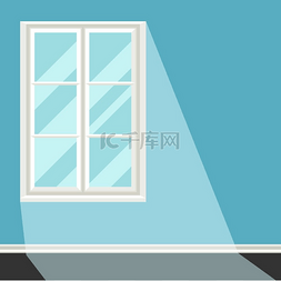蓝色墙壁插图上的白色塑料窗。