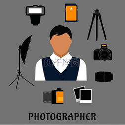 摄影师职业平面图标与被数码相机