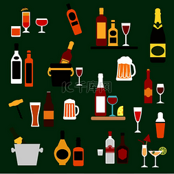 饮料、酒精和饮料平面图标与酒瓶