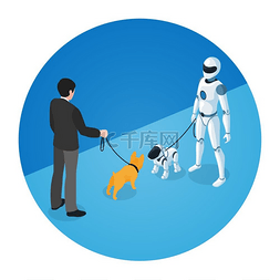 家用机器人图片_狗主人和带机器狗的家用机器人。