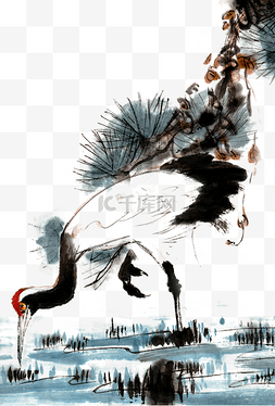 冬季树枝水墨图片_觅食的鹤水墨