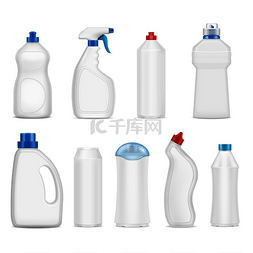 一组逼真的空白塑料洗涤剂瓶，带