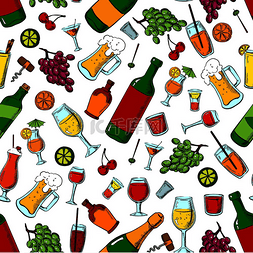 水果和鸡尾酒图片_饮料、酒精和水果无缝图案与葡萄
