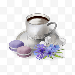茶杯水彩花艺下午茶与马卡龙