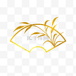 国潮风金箔线描扇形植物横幅边框
