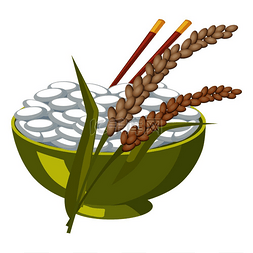 有米饭和筷子的绿色碗在它的耳朵