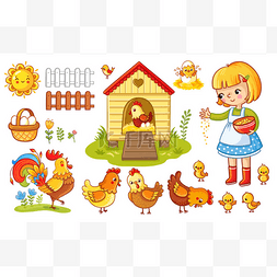 卡通母鸡手绘图片_孩子喂母鸡和小鸡