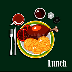 番茄面图片_餐桌上供应午餐菜肴，盘中有鸡腿
