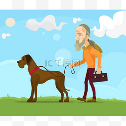 领先设计图片_遛狗的老人字符。矢量平面卡通插