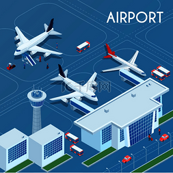 机场室外蓝色背景与技术运输和着