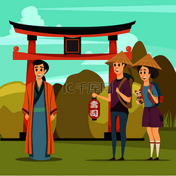 日本文化海报图片_日本旅游正交构图与大门传统建筑