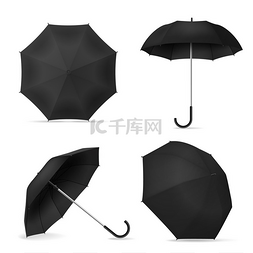 黑色雨伞逼真的空白遮阳伞各种位